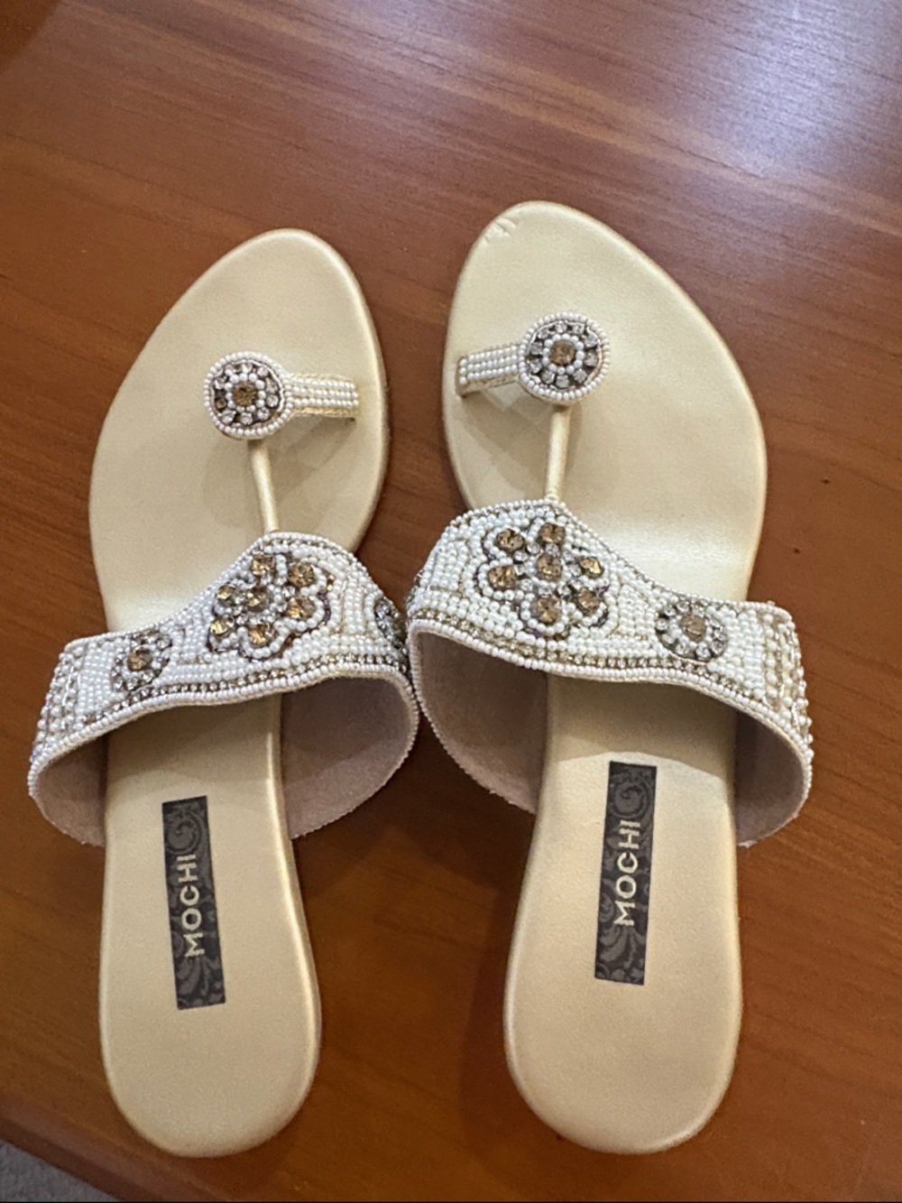 Women's Cream Beaded Toe-Loop Sandals. White Pearls , gold stones snd sequence.